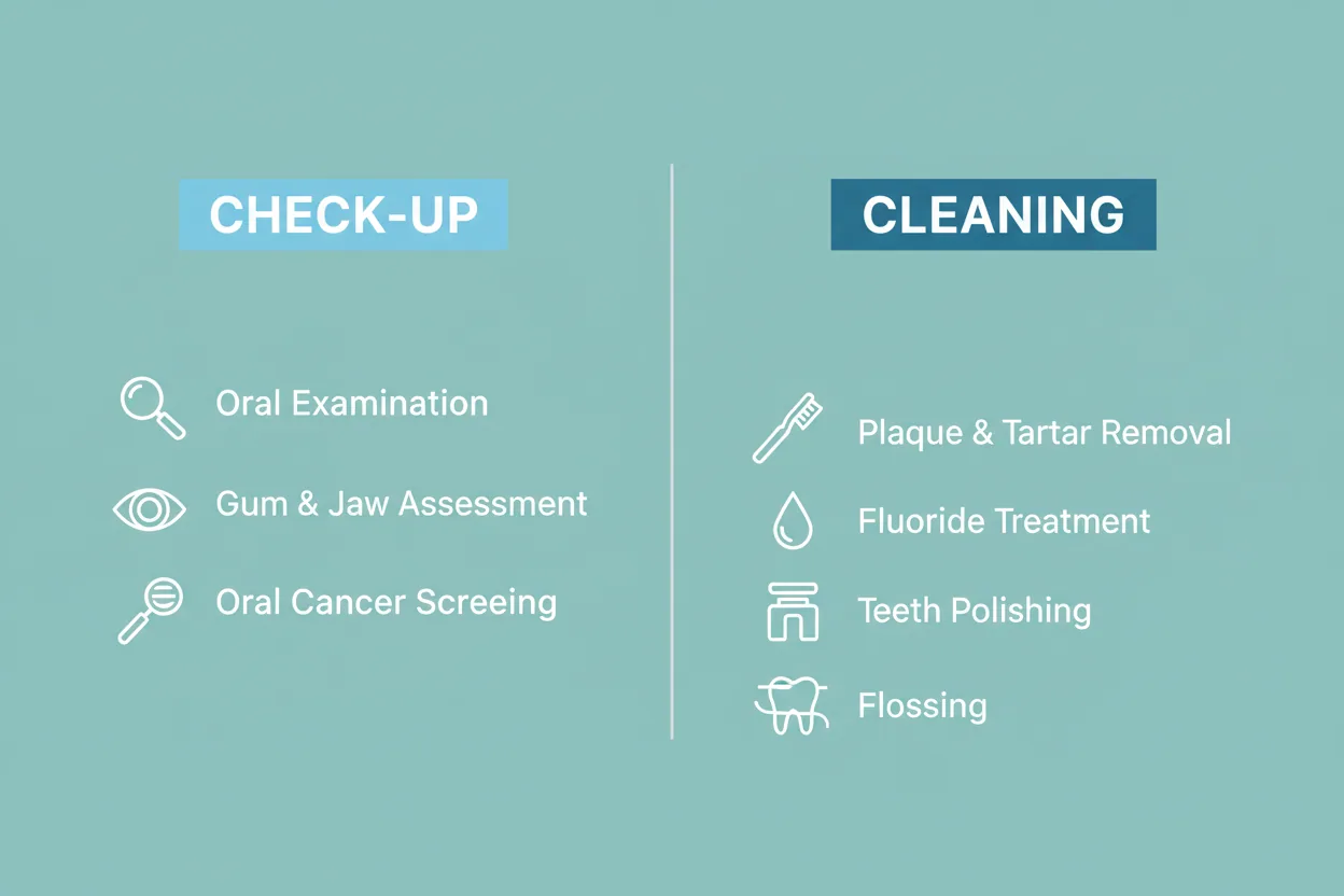 Two labelled columns side by side, one for the check-up and one for the cleaning, each holding three or four short items