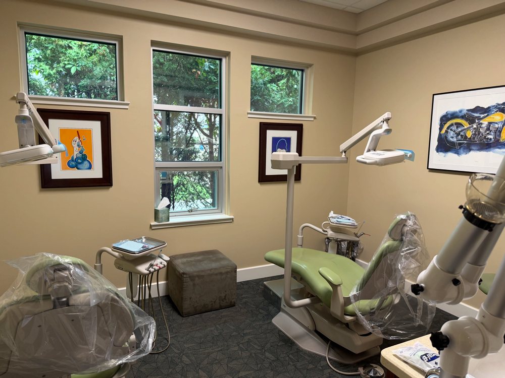 An exam room at Lakes Pediatric Dentistry with framed art and a view of the trees