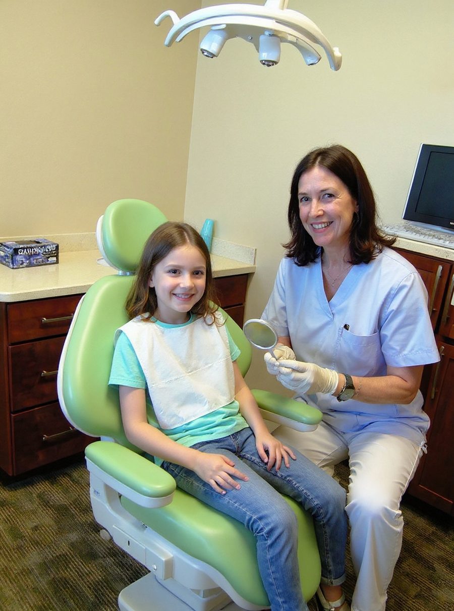 A pediatric dentist shows a young girl a dental mirror before her check-up at Lakes Pediatric Dentistry