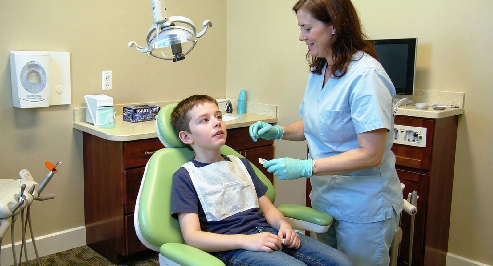A boy in the dental chair during a cleaning at Lakes Pediatric Dentistry
